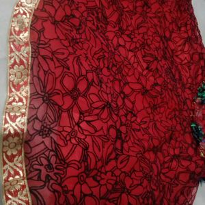 Cotton Net Pure Jari Work Red Colour Printed