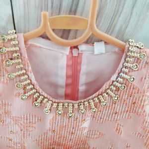 Peach Coloured Rose Patch Neck Design Dress