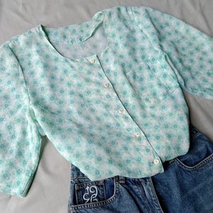 New Cute Korean Floral Crop Shirt