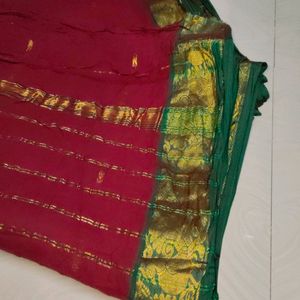 Maroon Colour Cotton Linen Pattu Saree