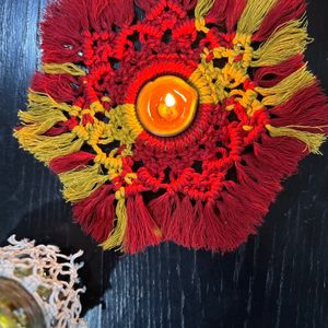 Handmade Macrame Rangoli And Tea Light Holder