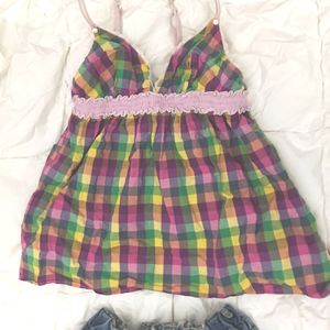 🌸 Sundress Babydoll Plaid Strappy Tank Top