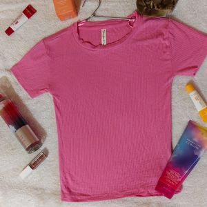 Cute Pink Ribbed Body Hugging Cropped Tee