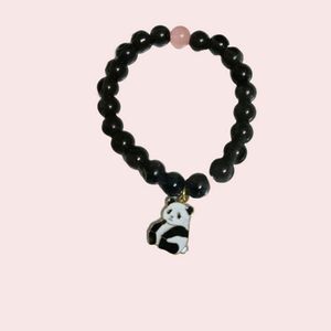 Black Bracelet One Pink Beads With Panda Charms