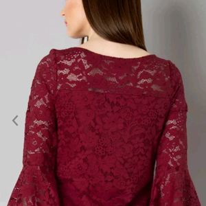 Women Maroon Self - Design Lace Top