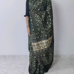 Green Silk Bird Print Saree