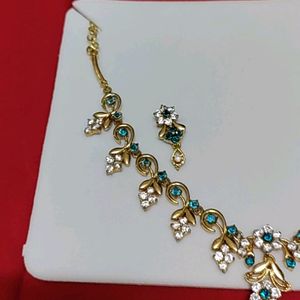 Light Blue Stone Gold Plated Necklace With Earring