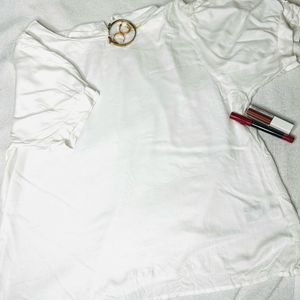 White Plan Balloon Sleeves Top