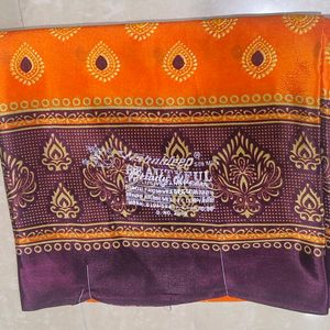 Poly Silk Saree with Orange & Deep Purple Design