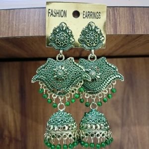 Traditional Ethnic Long Green Earrings