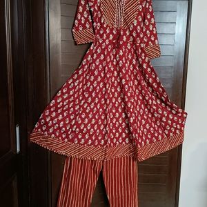 Women Anarkali Gota Work Cotton Red Suit Set