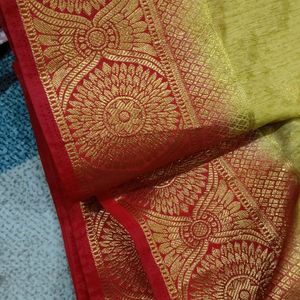 Silk Saree... Golden And Red Colour With Zari Work