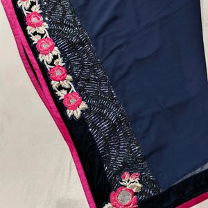 Navy Blue Georgette Saree with Velvet Border