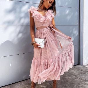 V-Neck Mesh Polka Dot Tulle Backless Pink Ruffle S