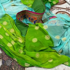 Cyan Blue And Parrot Green Colour Chiffon Saree