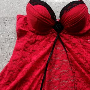 Red Lace And Net Bustier Gothic Slit Top