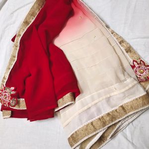 Woww Red Shady Saree With Patchwork