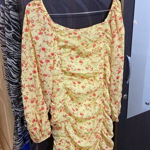 Yellow Ruched Floral Dress