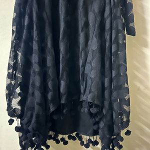 Black Partywear Net Dress With Pompoms