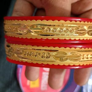 Bangles Red Plastic With Golden Plated