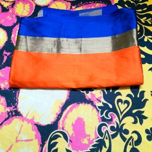 Orange and Blue Colour With Golden Strip Saree