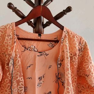 Peach Umbrella Cut Floral Print Dress