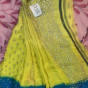 New-Yellow And Blue Foil Print Saree