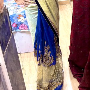 Dual Tone Navy Blue And Off White Color Saree