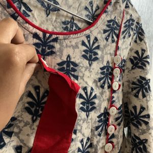 Off White Blue-red Detailed Long Kurta(xl)