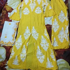 Front Cut Yellow Kurta Palazzo With Dupatta