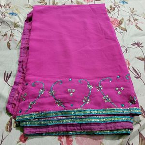 Thin Lace Border Mirror Work Pink Saree