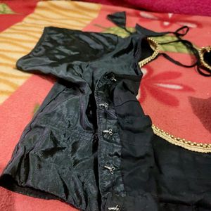 Shiny Black Blouse With Golden Moti Piping