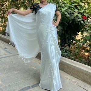 White Satin Saree With Stitched Blouse