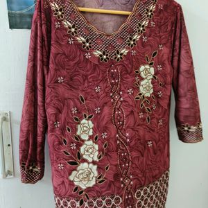 Stylish Wine Colour Embroidery Top For L Size