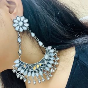 Silver Mirror Work Earrings From Myntra