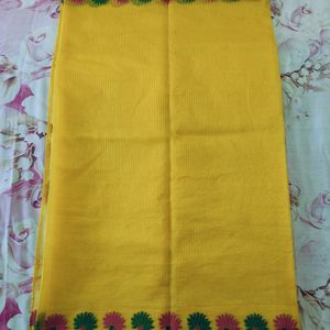 Yellow Red Saree With Flowers