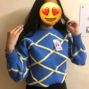 Blue Pullover Sweater With Yellow Strips Lines