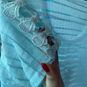 Rhinestones Stone Stutted Light Blue Sheer Top