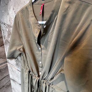 Olive Green Shirt Dress With Adjustable Waist