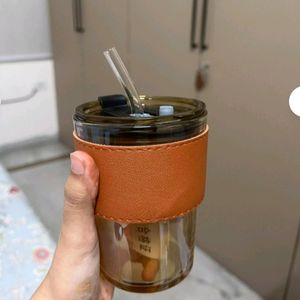 Glass Straw Transparent Cold Coffee Cup With Lid