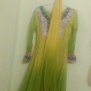 Anarkali Dress Mehndi Colour With Long Dupatta