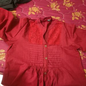 Dark Red Colour Cotton Top For Women