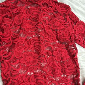 Gorgeous Floral Netted Full Sleeve Red Top