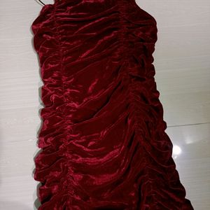 Ruched Velvet Dress In Burgundy