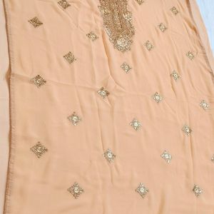 Women Peach Zari Embroidered Semi Stitched Fabric