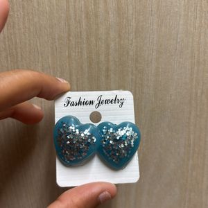 Heart Shape Glittered Earings In Blue Colour