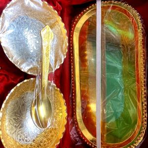 Gold Plated Bowls And tray With Spoon Set Ideal Fo