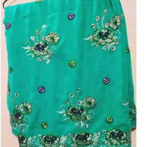 Sea Green Saree With Blouse & Peticot