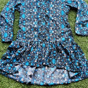 Blue Floral Printed Collared High-low Flared Tunic