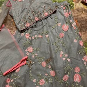 Grey Georgette Lehenga With PinkArtwork For Girls